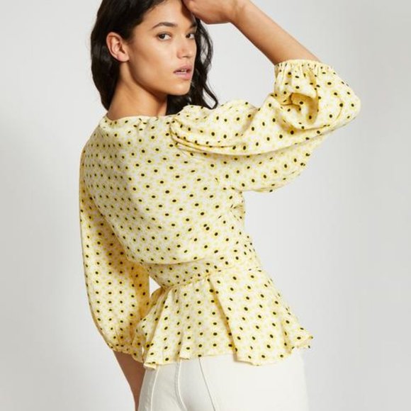 Ganni Floral Crepe Wrap Top Maize G32 - Picture 4 of 10